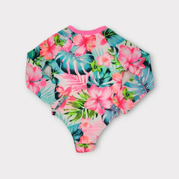 Wonder Nation Tropical Floral Coral Aqua One-Piece Rash Guard Swimsuit Size 18m - Picture 4 of 5